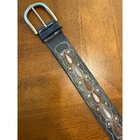 Genuine Leather Black Embroidered Western Belt Small Boho Cowgirl Sequins - Picture 3 of 8